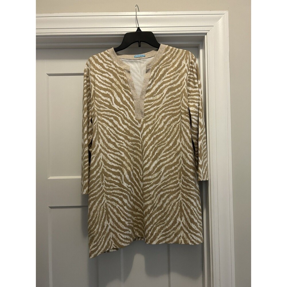 J. McLaughlin The Boca Tunic Top Catalina Cloth Zebra Print Sz XL Classic Modest